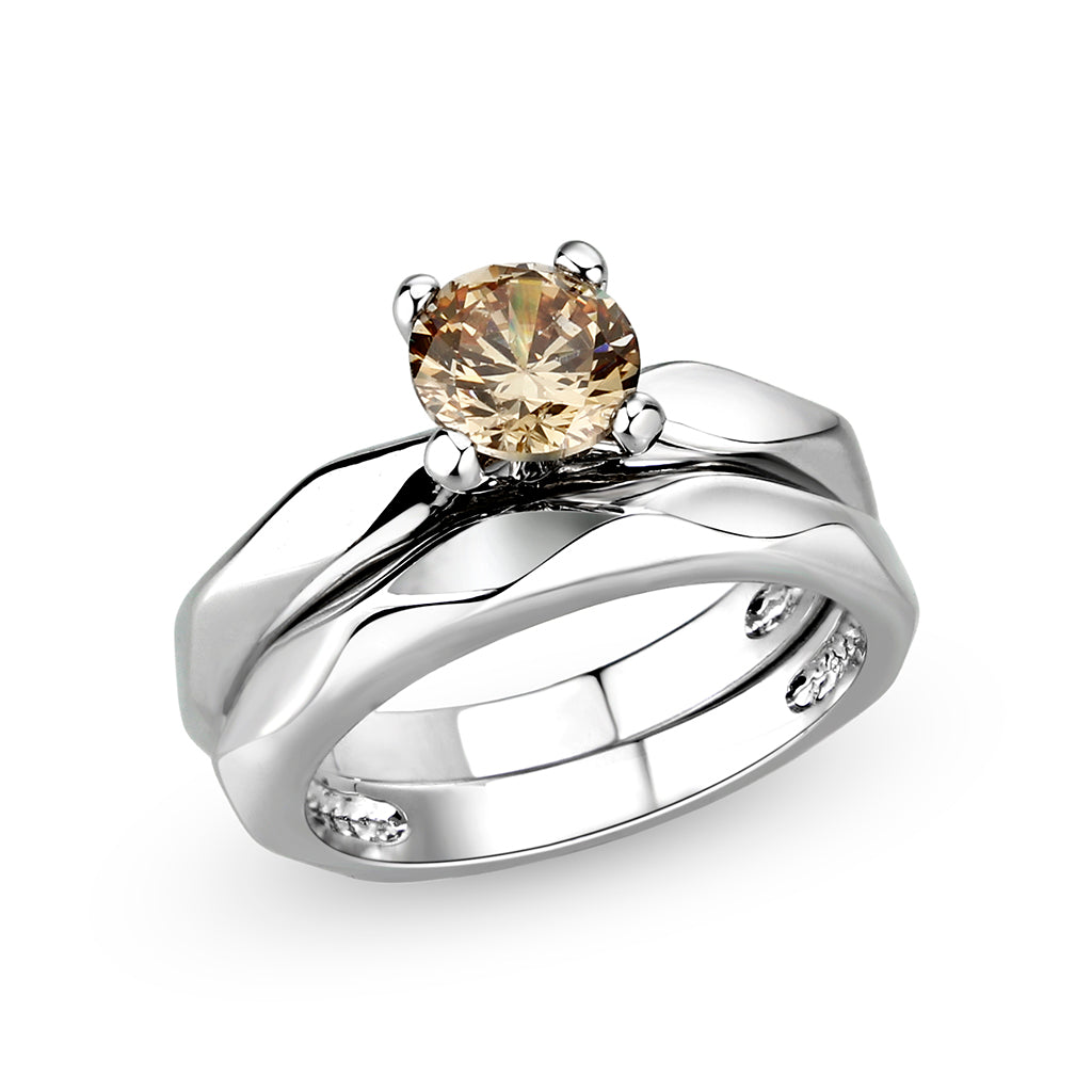 LO5W102- Rhodium Brass Ring with CZ In Champagne Color-0