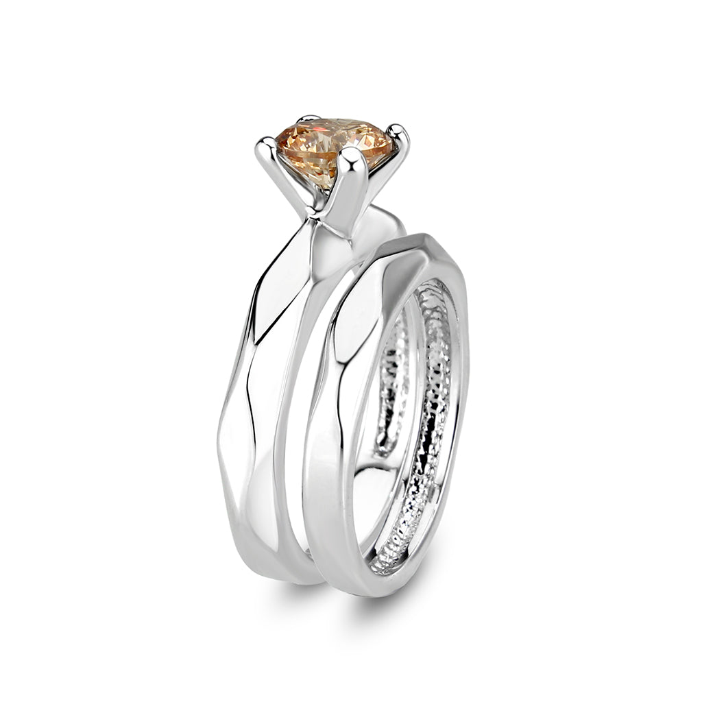 LO5W102- Rhodium Brass Ring with CZ In Champagne Color-4