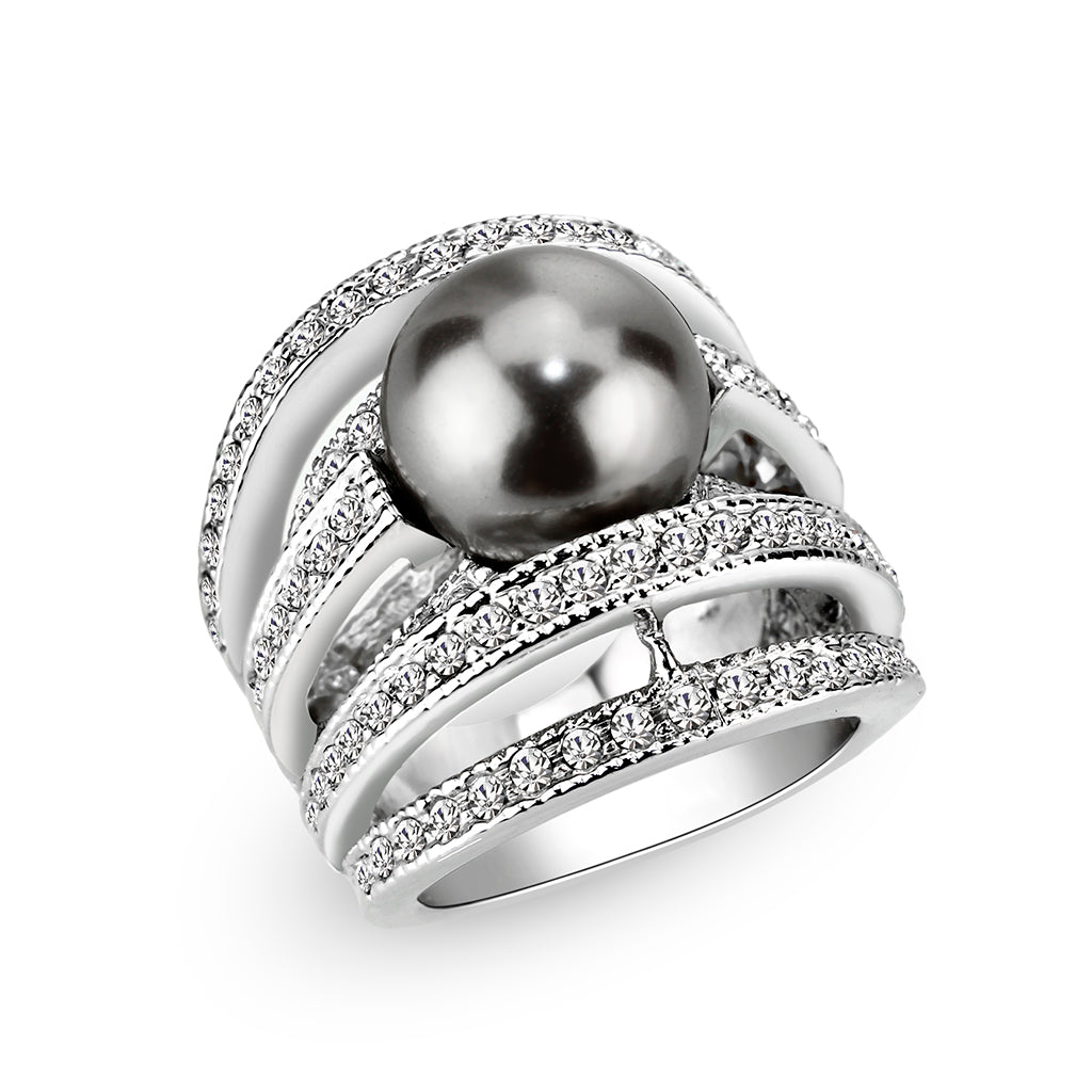 LO5W104- Rhodium Plated Brass Ring with Pearl In Black-0
