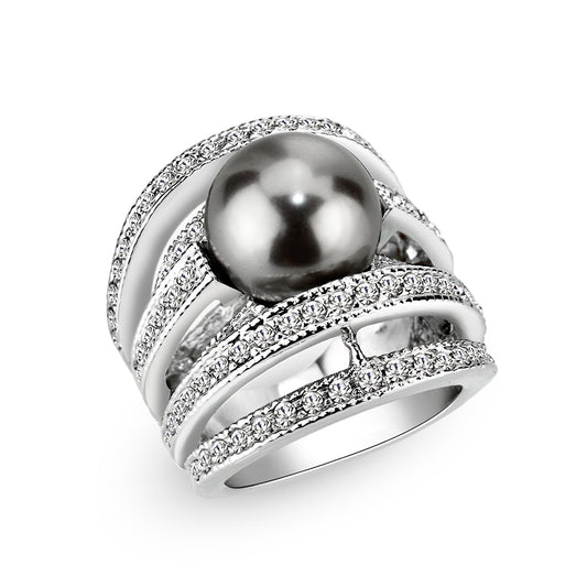 LO5W104- Rhodium Plated Brass Ring with Pearl In Black-0