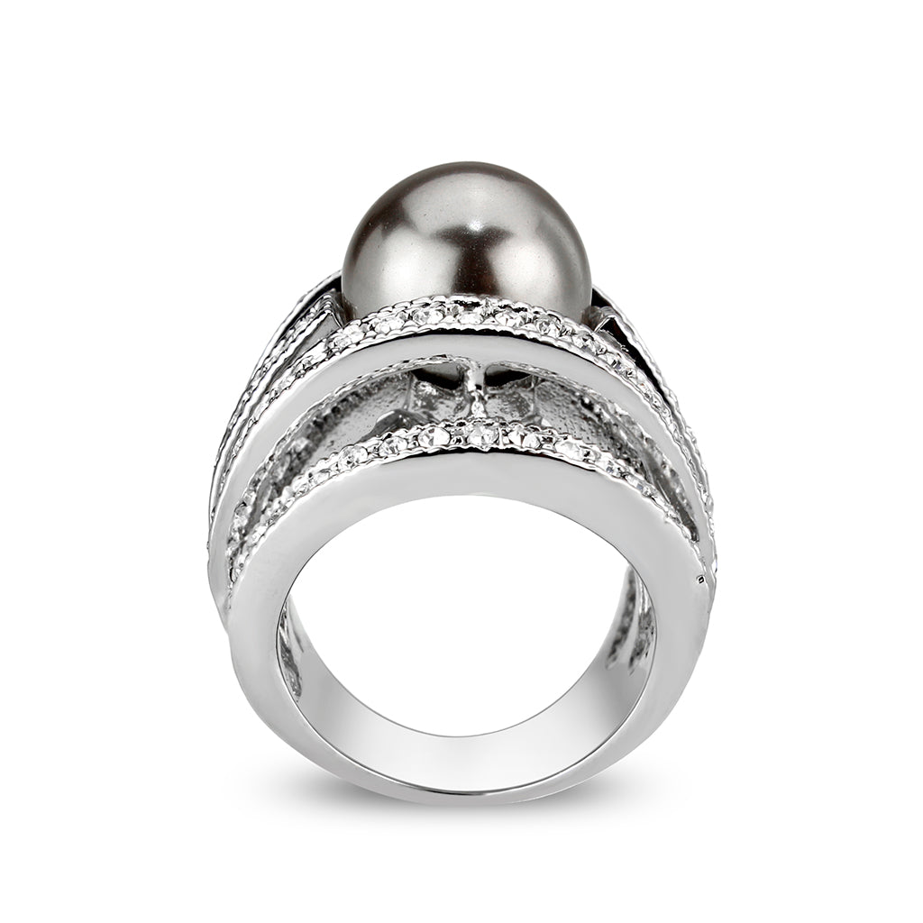 LO5W104- Rhodium Plated Brass Ring with Pearl In Black-2