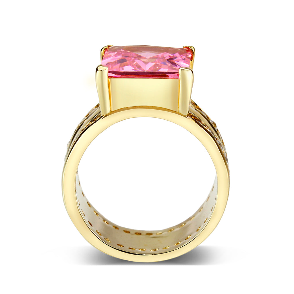 LO5W237-  Brass Ring With CZ in Pink Gold Plated-2