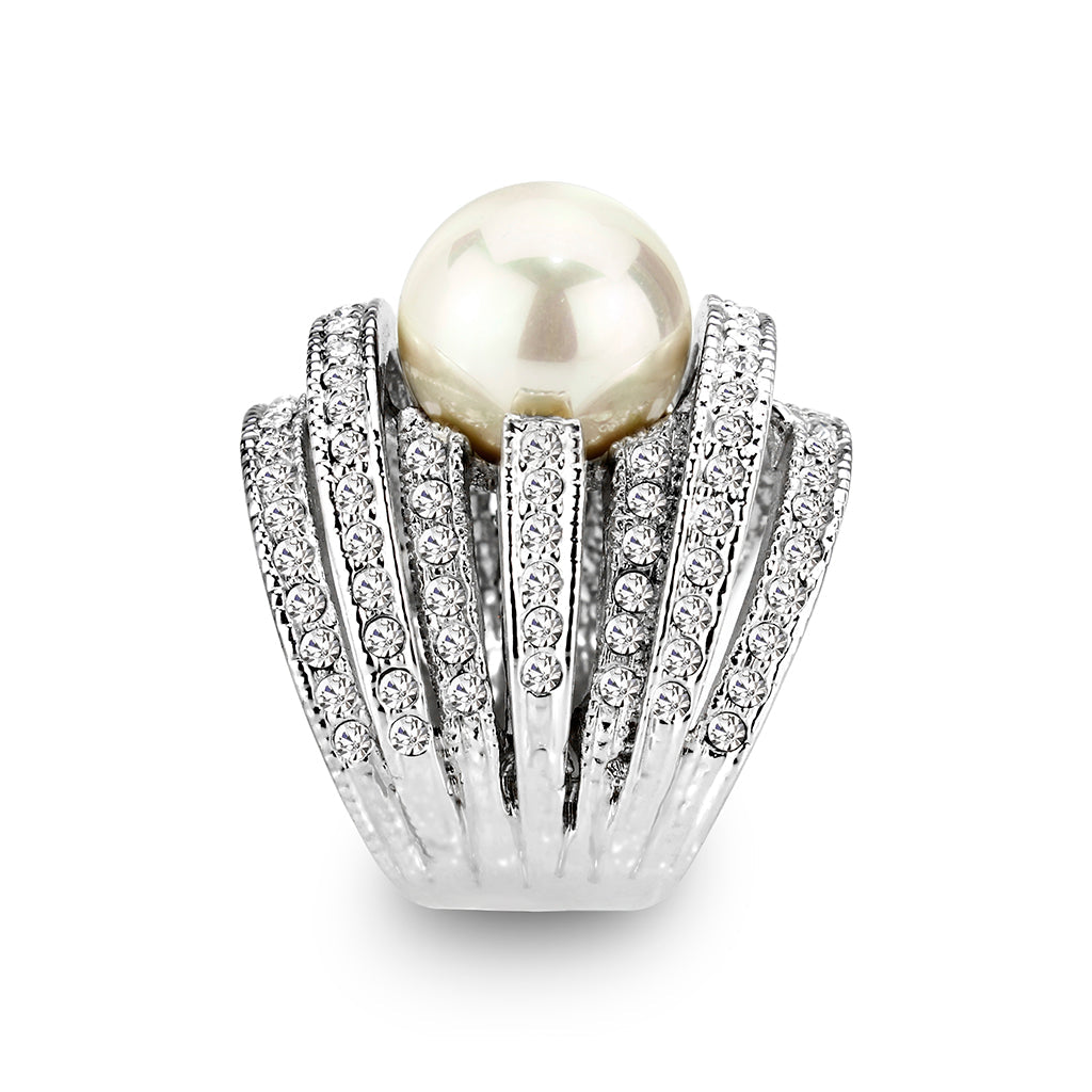 LO5W242-  Brass Ring With Pearl  in White  Rhodium Plated-3