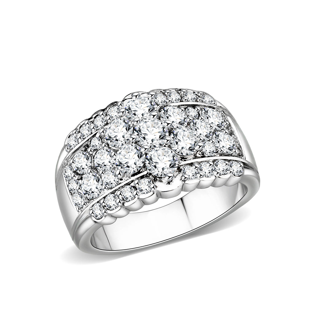 LO5W243-  Brass Ring With CZ  in Clear Rhodium Plated-0