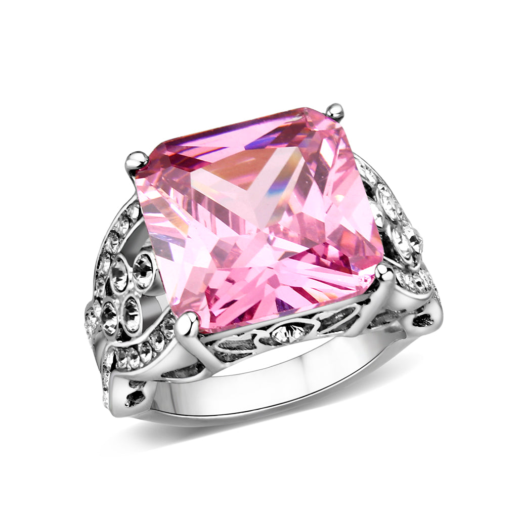 LO5W245-  Brass Ring With CZ  in Pink Rhodium Plated-0