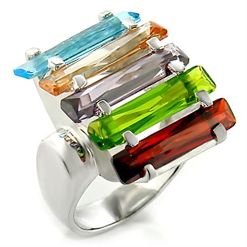 Una Cocktail Ring - Rhodium Brass, AAA CZ , Multi Color - 6X007-1