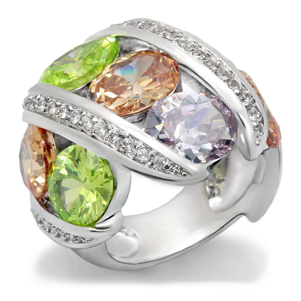 Alaina Cocktail Ring - Rhodium Brass, AAA CZ , Multi Color - 6X019-1