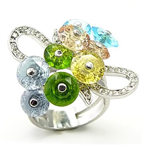 Alishba Cocktail Ring - Rhodium Brass, AAA CZ , Multi Color - 6X029-1