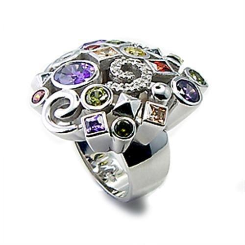 6X051 - Rhodium Brass Ring with AAA Grade CZ  in Multi Color-0