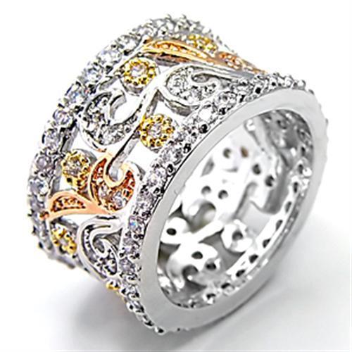 7X089 - Tricolor Brass Ring with AAA Grade CZ  in Clear-0
