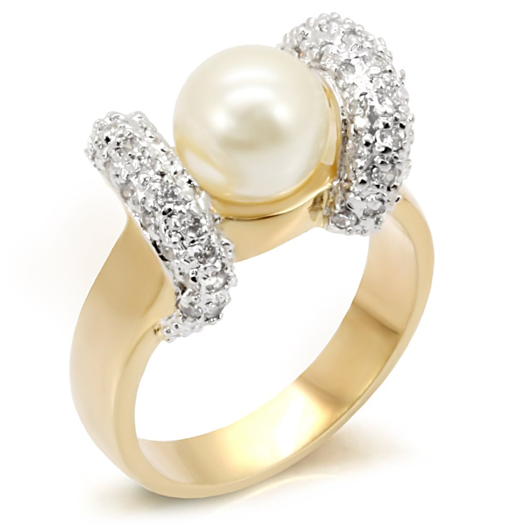 7X114 - Gold+Rhodium Brass Ring with Synthetic Pearl in White-0