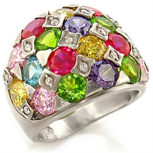 Leanna Cocktail Ring - Rhodium Brass, AAA CZ , Multi Color - 7X150-1