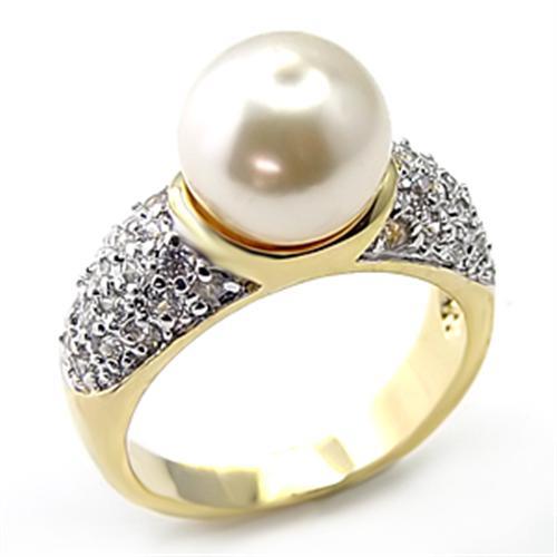 7X203 - Gold+Rhodium 925 Sterling Silver Ring with Synthetic Pearl in White-0