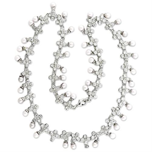 7X405 - Rhodium Brass Necklace with Synthetic Pearl in White-0