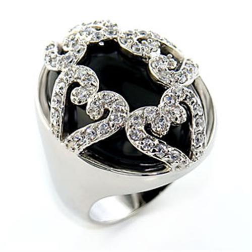 80514 - Rhodium Brass Ring with Semi-Precious Onyx in Jet-0