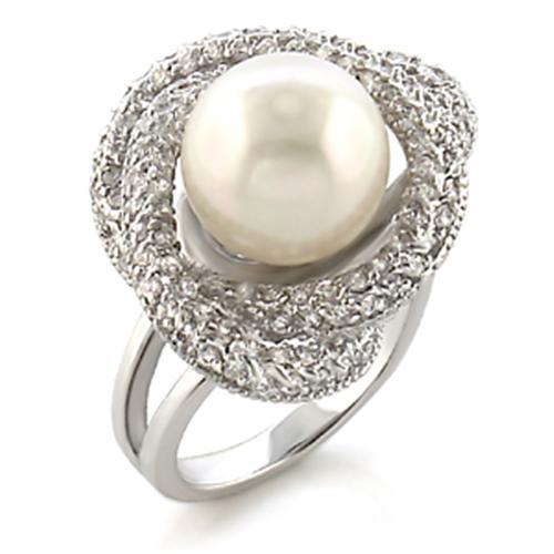 9W005 - Rhodium Brass Ring with Synthetic Pearl in White-0