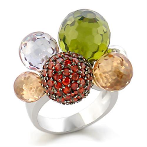 9W020 - Rhodium + Ruthenium Brass Ring with AAA Grade CZ  in Multi Color-0