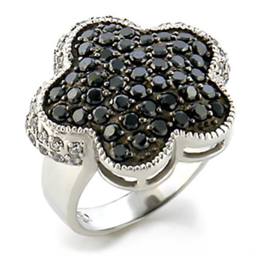 9W099 - Rhodium + Ruthenium Brass Ring with AAA Grade CZ  in Jet-0