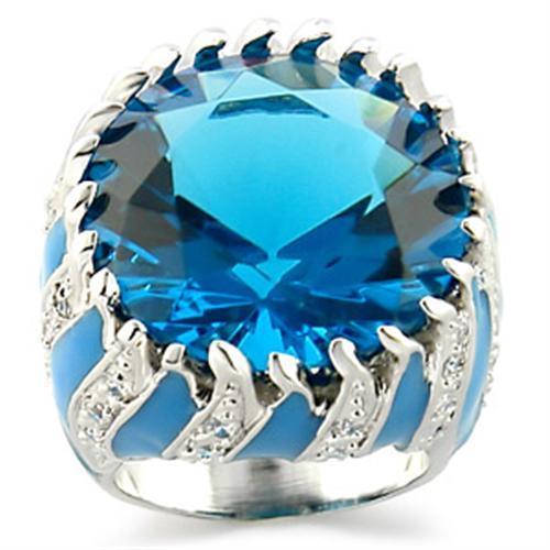9W189 - Rhodium Brass Ring with Synthetic Synthetic Glass in Sea Blue-0