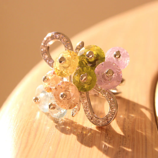 Alishba Cocktail Ring - Rhodium Brass, AAA CZ , Multi Color - 6X029-0