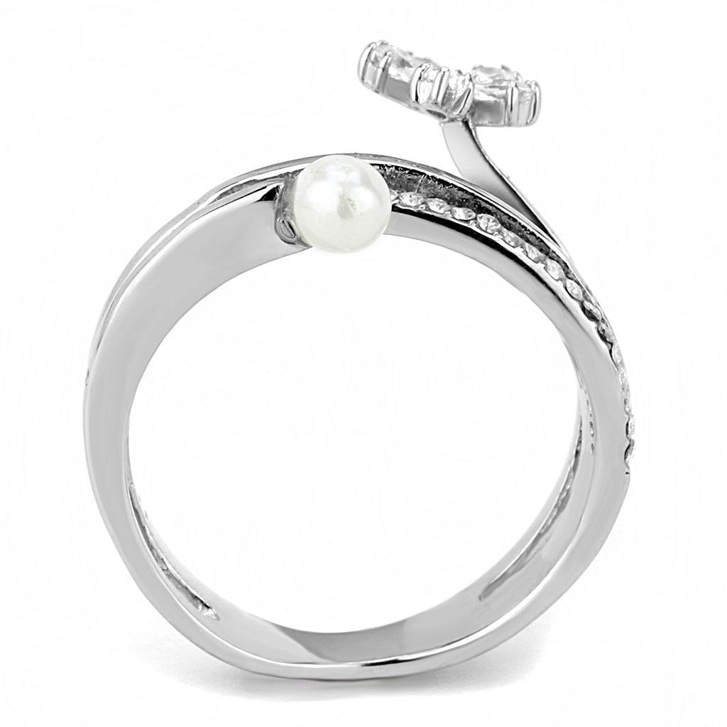 DA059 - High polished (no plating) Stainless Steel Ring with Synthetic Pearl in White-2