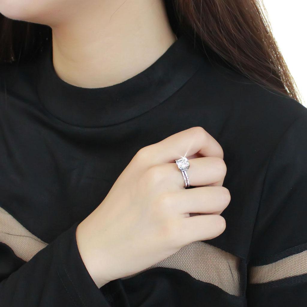 DA065 - High polished (no plating) Stainless Steel Ring with Cubic  in Clear-4