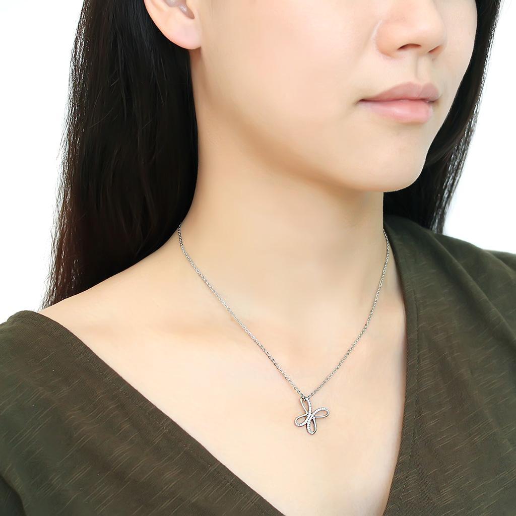 DA093 - High polished (no plating) Stainless Steel Chain Pendant with AAA Grade CZ  in Clear-2