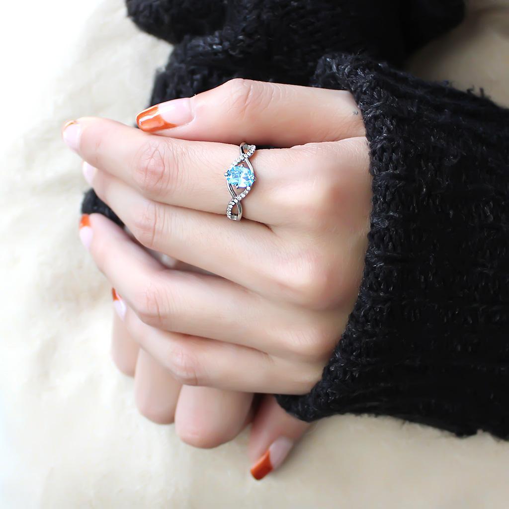 DA117 - High polished (no plating) Stainless Steel Ring with AAA Grade CZ  in Sea Blue-4