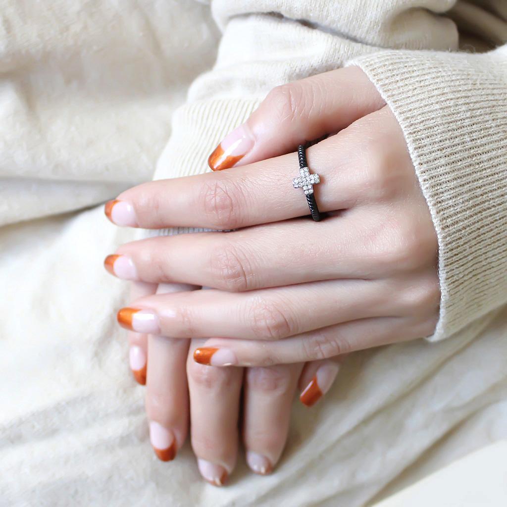 DA127 - Two-Tone IP Black (Ion Plating) Stainless Steel Ring with AAA Grade CZ  in Clear-4