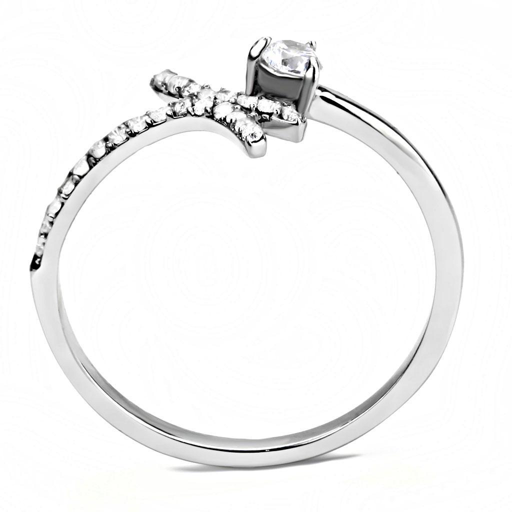 DA145 - High polished (no plating) Stainless Steel Ring with AAA Grade CZ  in Clear-2