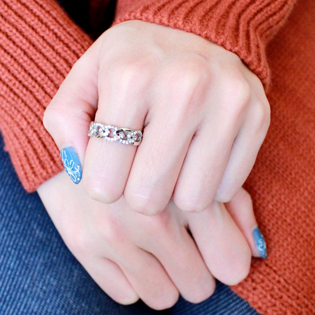 DA163 - High polished (no plating) Stainless Steel Ring with AAA Grade CZ  in Clear-4