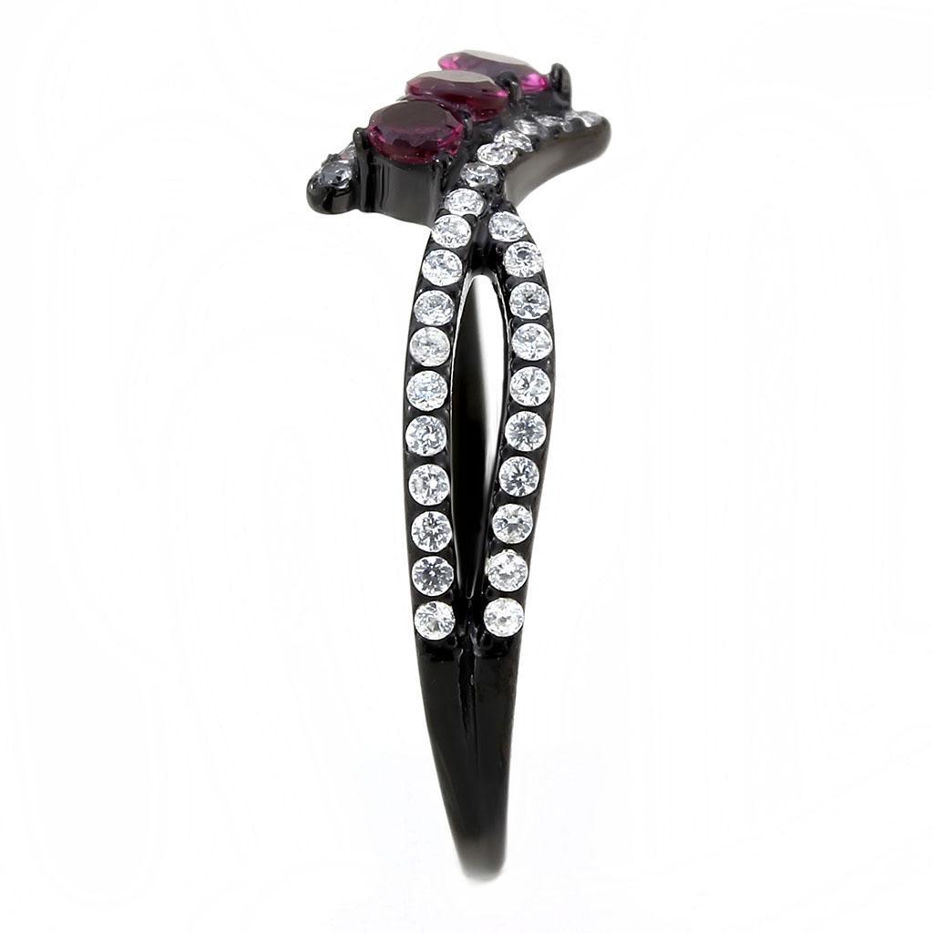 DA324 - IP Black(Ion Plating) Stainless Steel Ring with AAA Grade CZ  in Fuchsia-3