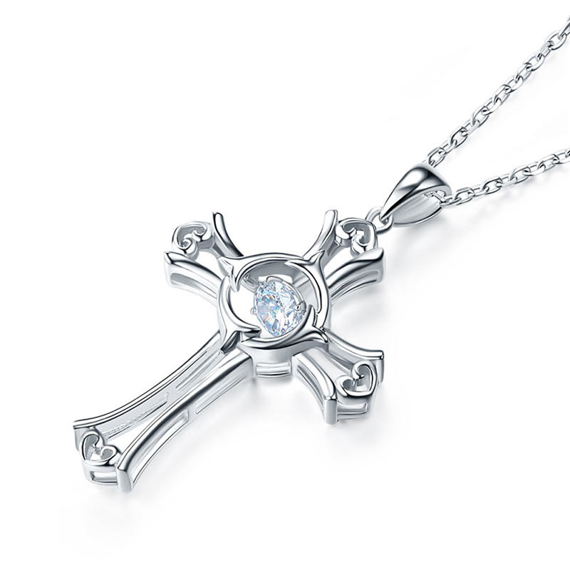 Dancing Stone Heart Cross Pendant Necklace 925 Sterling Silver XFN8049-3