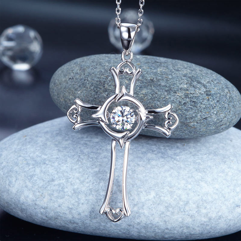 Dancing Stone Heart Cross Pendant Necklace 925 Sterling Silver XFN8049-2