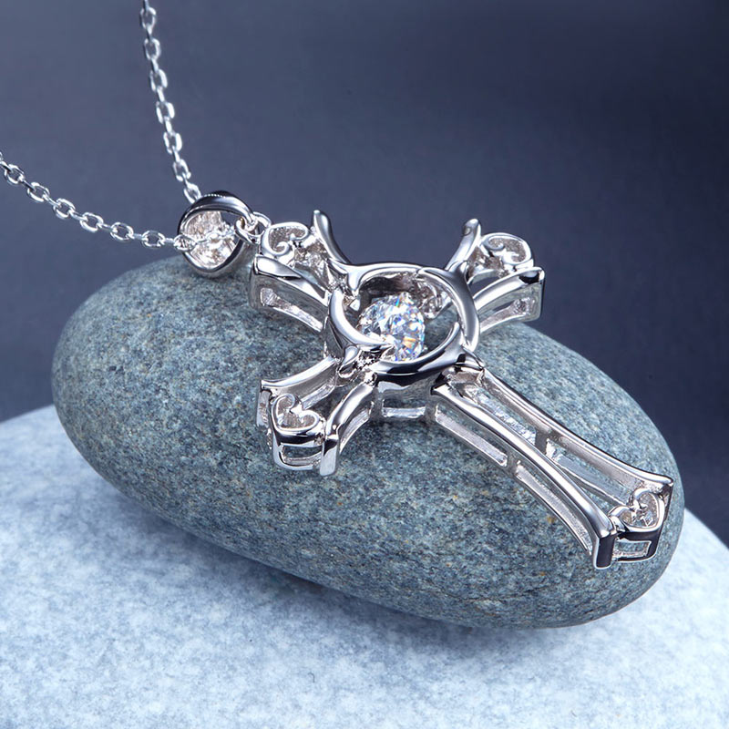 Dancing Stone Heart Cross Pendant Necklace 925 Sterling Silver XFN8049-4
