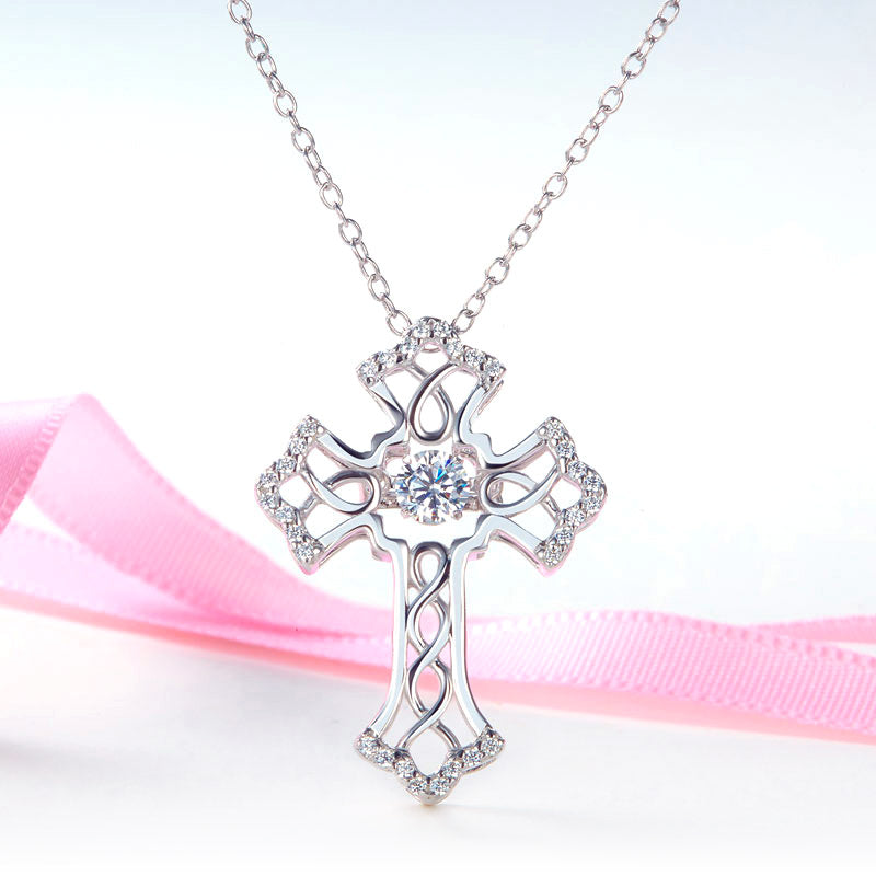 Vintage Style Cross Dancing Stone Pendant Necklace 925 Sterling Silver XFN8080-4