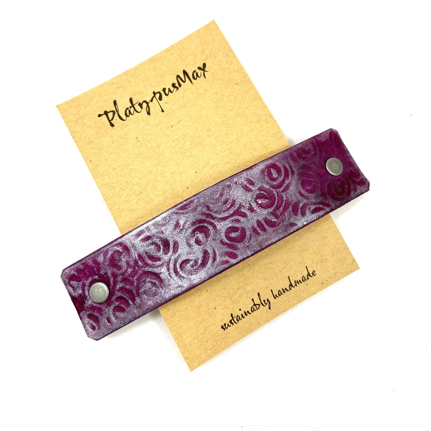 Purple and Silver Spirals Embossed Leather Hair Clip Barrette-0