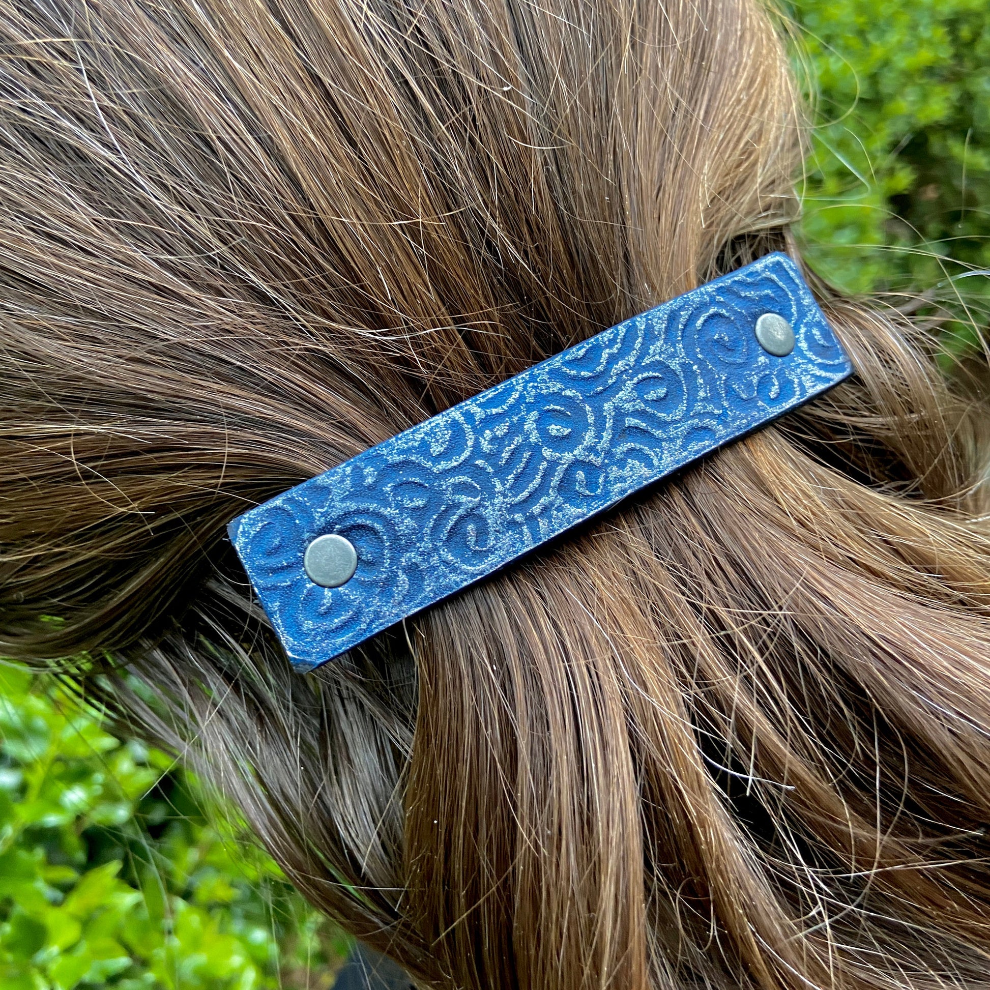 Blue & Silver Ocean Waves / Spirals Eco-Friendly Leather Hair Clip / Barrette-1