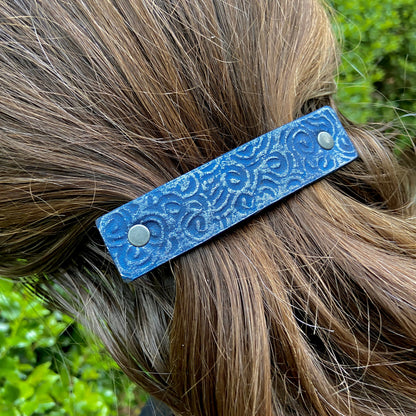Blue & Silver Ocean Waves / Spirals Eco-Friendly Leather Hair Clip / Barrette-1