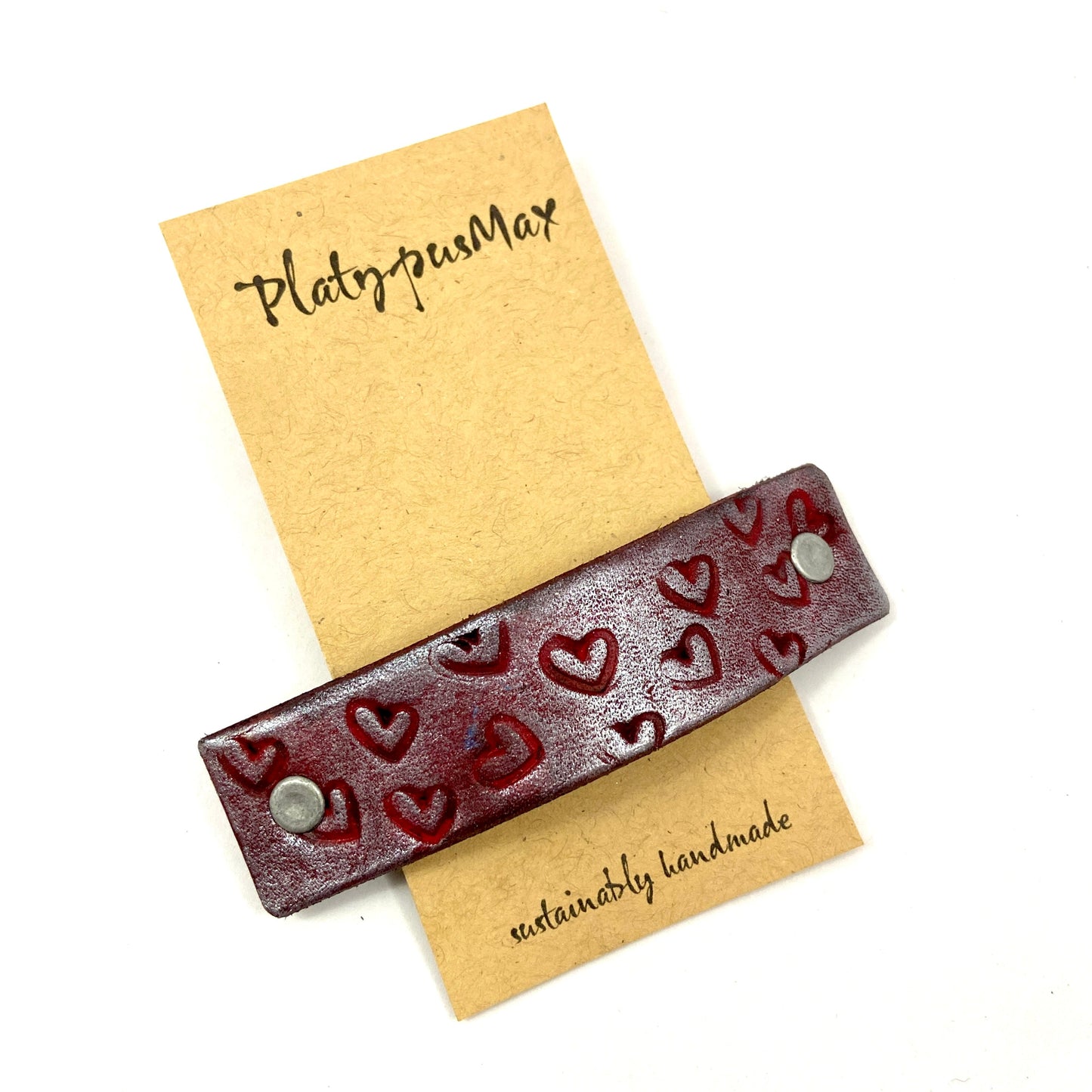 Crimson Red & Silver Stamped Hearts Hair Clip-0