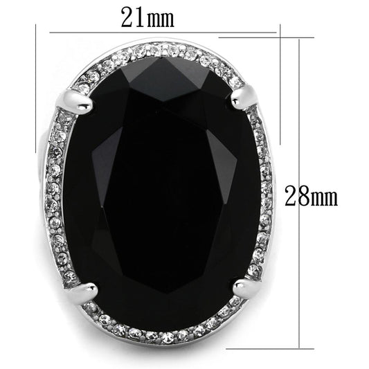 LO3534 - Rhodium Brass Ring with Synthetic Synthetic Glass in Jet-1