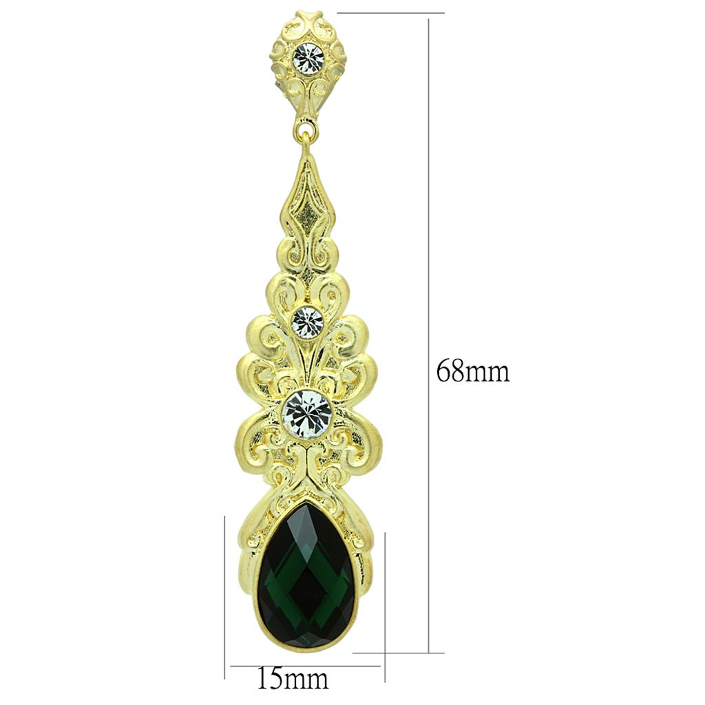LO3669 - Gold & Brush Brass Earrings with Synthetic Synthetic Glass in Emerald-1