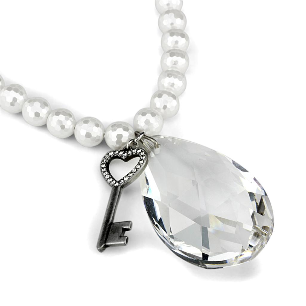 LO3819 - Antique Silver White Metal Necklace with Synthetic Synthetic Glass in Clear-1