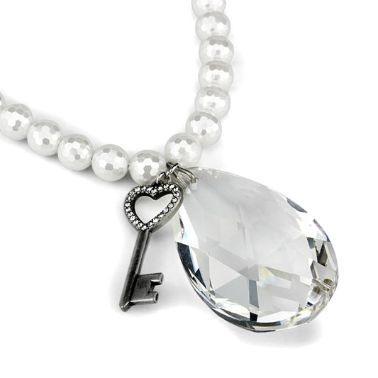 LO3819 - Antique Silver White Metal Necklace with Synthetic Synthetic Glass in Clear-1