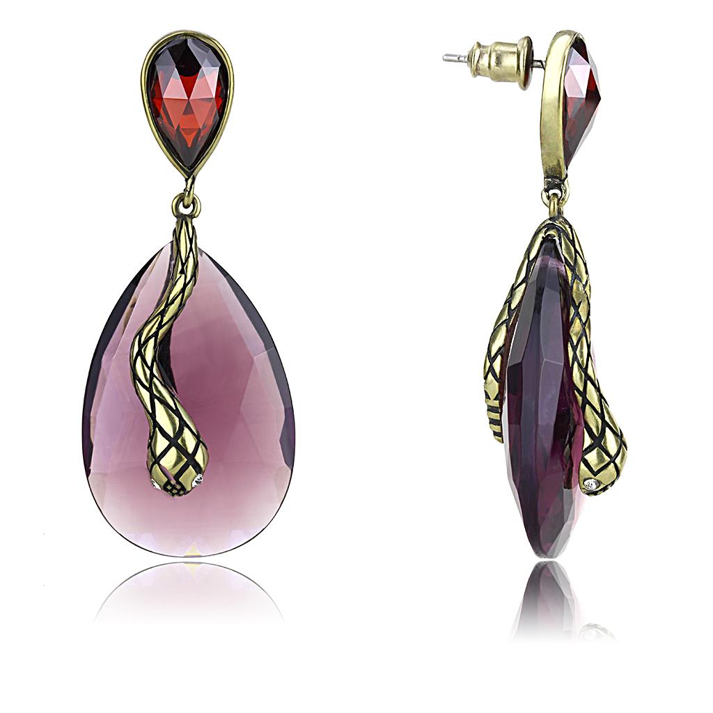 LO4187 - Antique Copper Brass Earrings with Synthetic Synthetic Glass in Amethyst-2