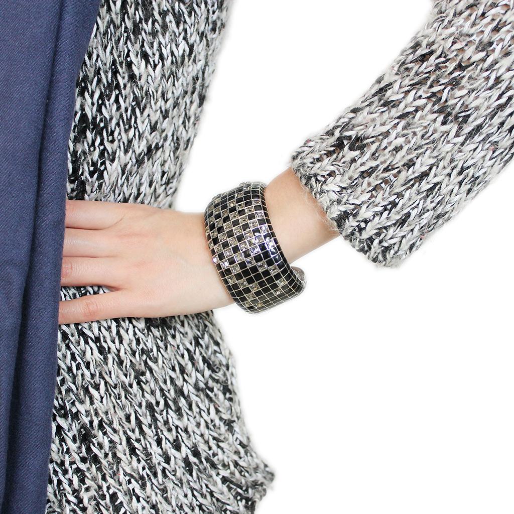 LO4272 - Rhodium Brass Bangle with Top Grade Crystal  in Black Diamond-4