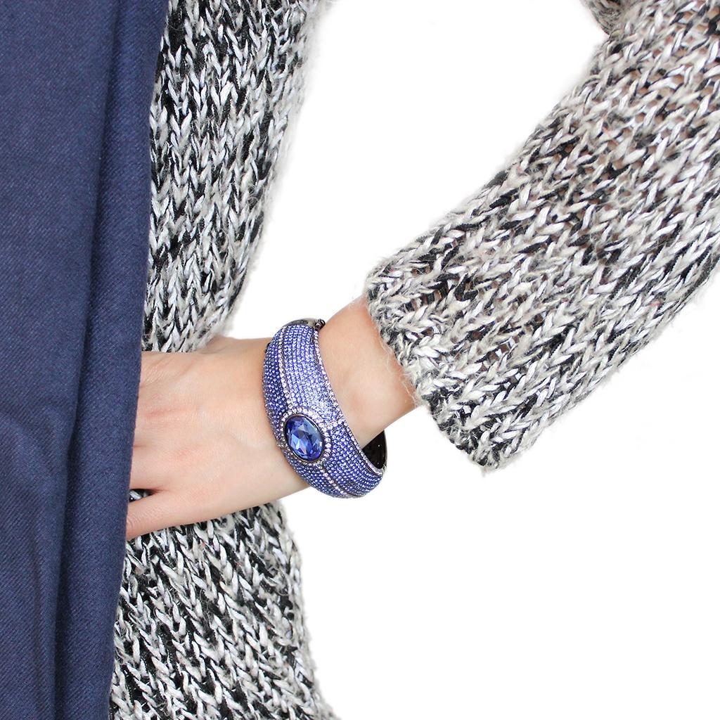 LO4283 - TIN Cobalt Black Brass Bangle with Top Grade Crystal  in Sapphire-4