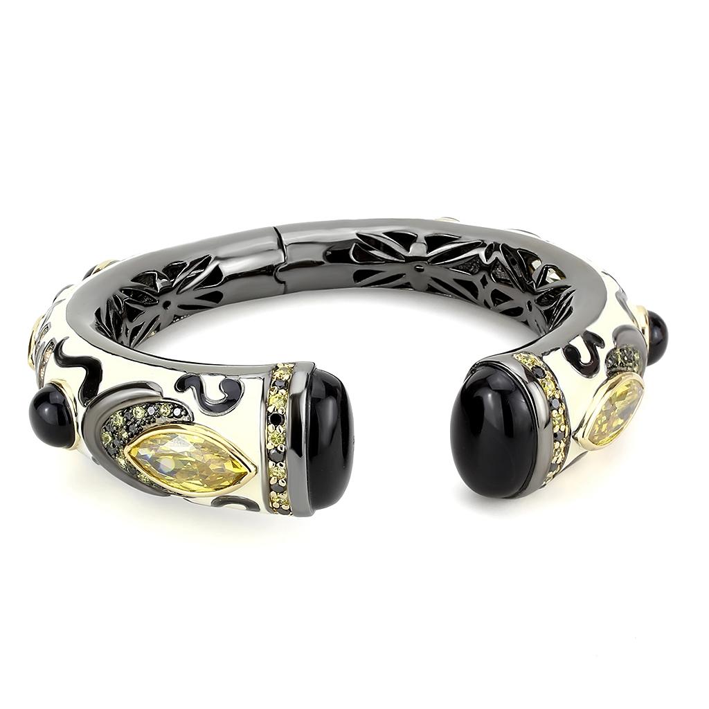 LO4298 - Gold+Hematite Brass Bangle with Synthetic Onyx in Jet-1
