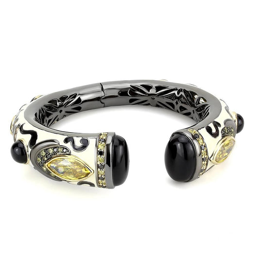 LO4298 - Gold+Hematite Brass Bangle with Synthetic Onyx in Jet-1