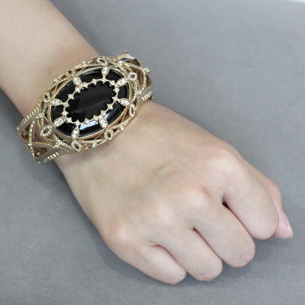 LO4349 - Gold Brass Bangle with Synthetic  in Jet-4